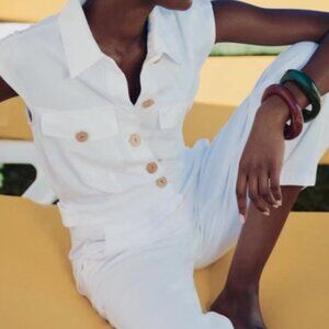 Zara Womens Jumpsuit Denim M Medium White Balloon Leg Sleeveless 8119/326 NWT